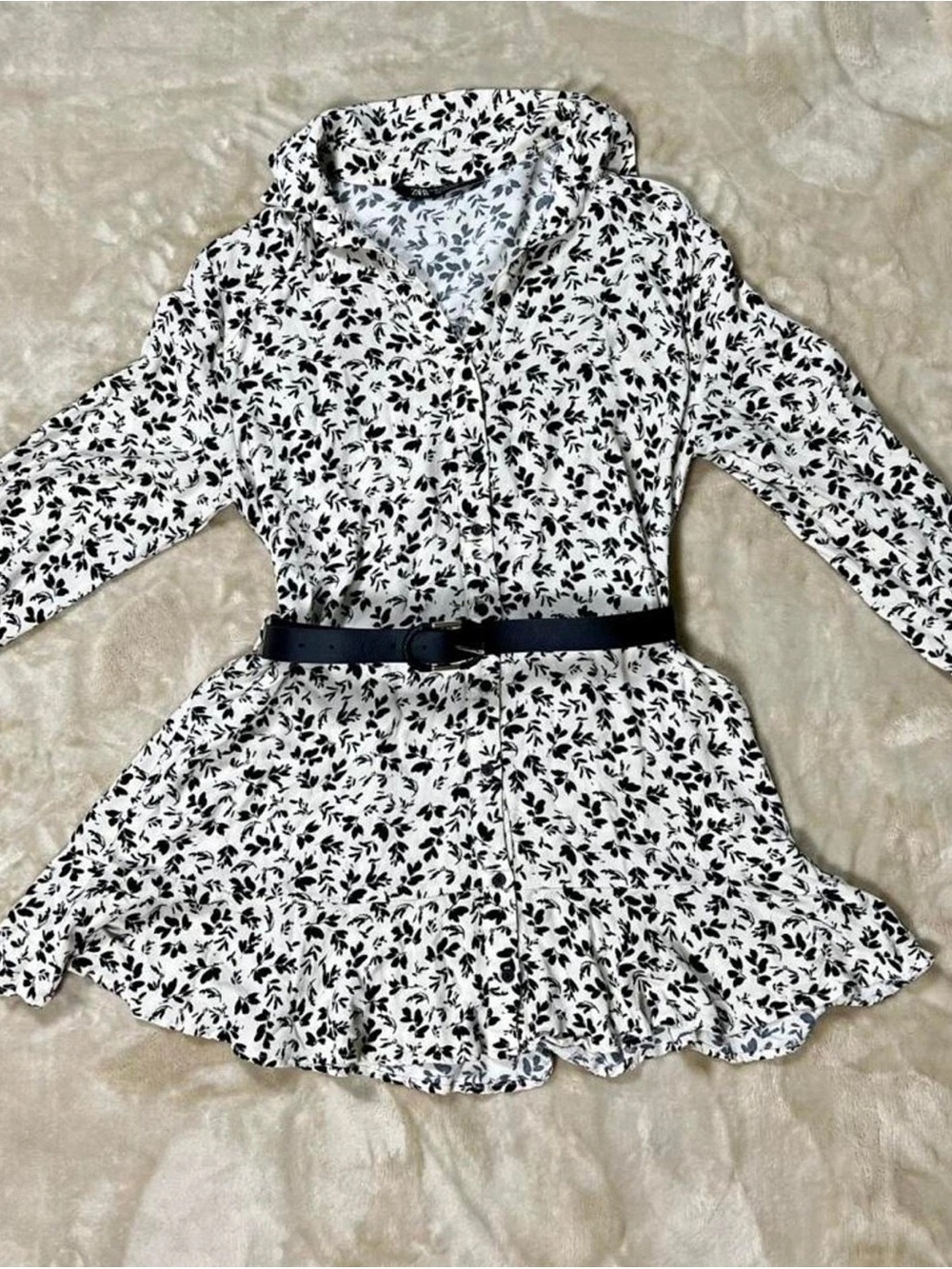 Zara Black and White Floral Shirt Dress with Belt